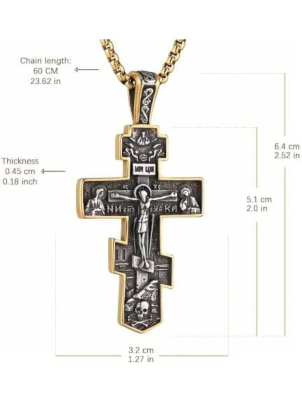 Men's Vintage Eastern Orthodox Cross Necklace, Double-Sided Jesus Pendant, 24